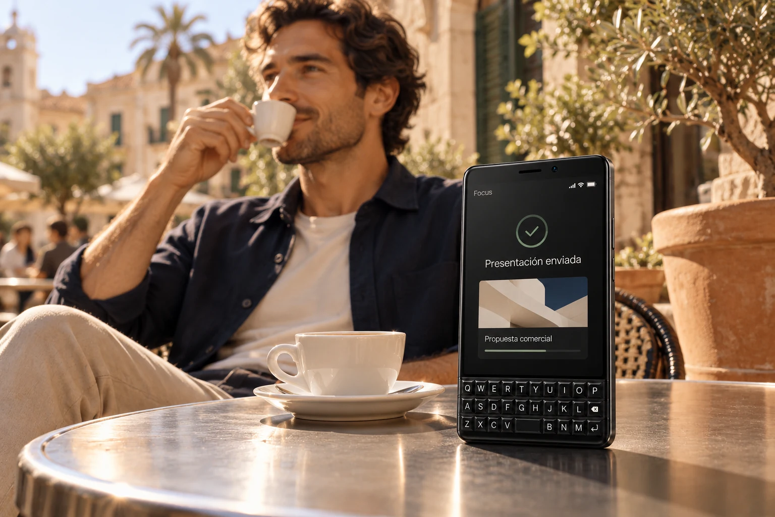 Un profesional disfruta de un café en una terraza con su dispositivo Focus