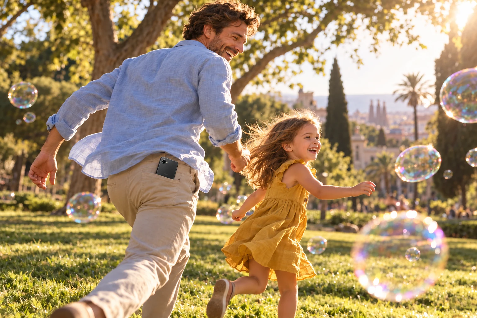 Un padre juega con su hija en el parque mientras lleva Focus en el bolsillo
